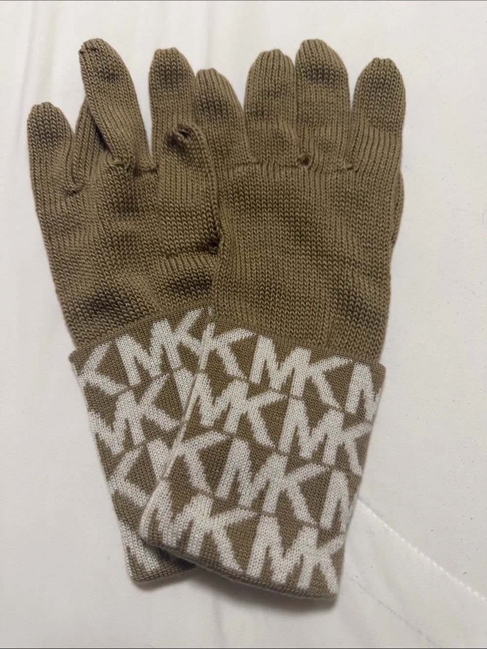 Michael Kors Tan Knit Gloves with Black Faux Fur Ear Warmer